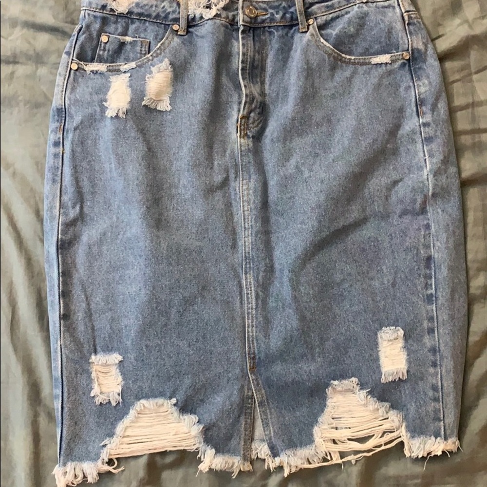 Distressed  Denim Midi Skirt